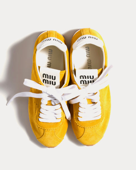 Miu Miu Plume Suede Sunny Yellow Low Top Sneakers - 2