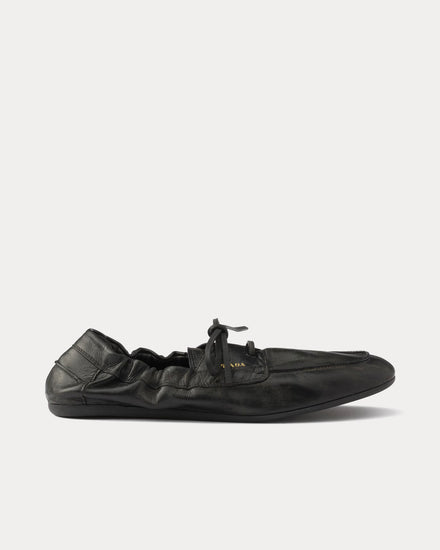 Prada Shuffle Antiqued Leather Black Boat Shoes - 1