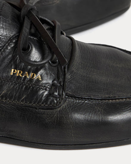 Prada Shuffle Antiqued Leather Black Boat Shoes - 5