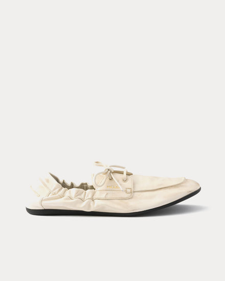 Prada Shuffle Antiqued Leather Chalk White Boat Shoes - 1