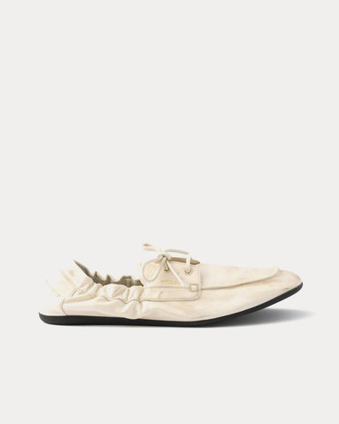 Prada Shuffle Antiqued Leather Chalk White Boat Shoes