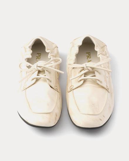 Prada Shuffle Antiqued Leather Chalk White Boat Shoes - 2