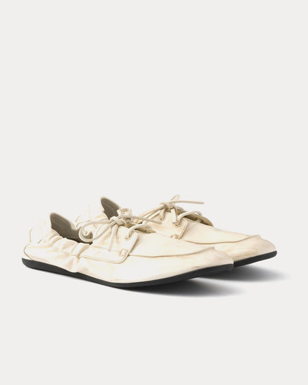 Prada Shuffle Antiqued Leather Chalk White Boat Shoes - 3