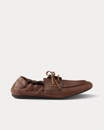 Prada Shuffle Antiqued Leather Cognac Boat Shoes - 1