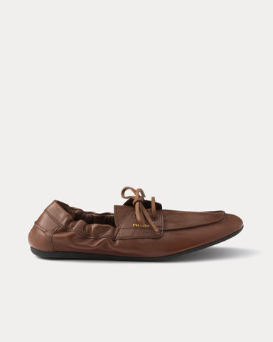 Prada Shuffle Antiqued Leather Cognac Boat Shoes