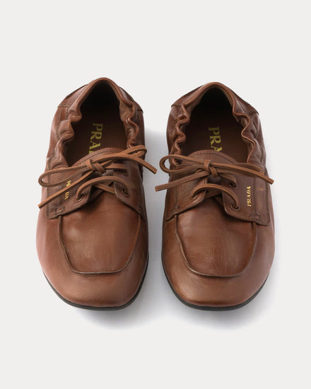 Prada Shuffle Antiqued Leather Cognac Boat Shoes - 2