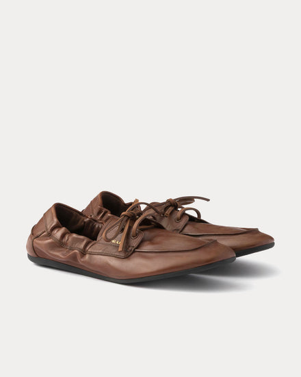 Prada Shuffle Antiqued Leather Cognac Boat Shoes - 3