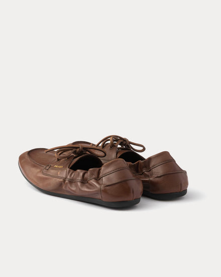 Prada Shuffle Antiqued Leather Cognac Boat Shoes - 4