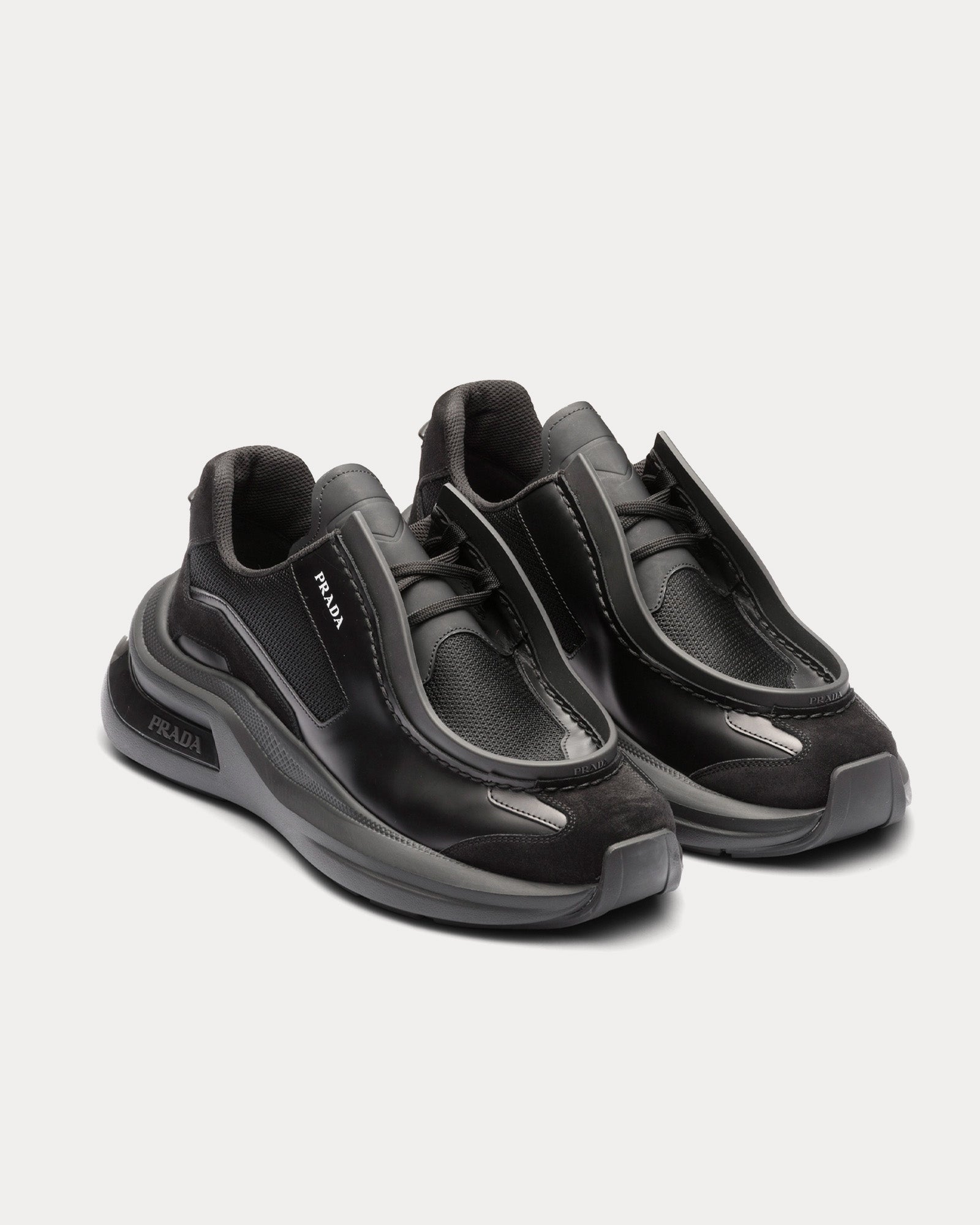 Prada - Systeme Brushed Leather with Bike & Suede Elements Black Low Top Sneakers