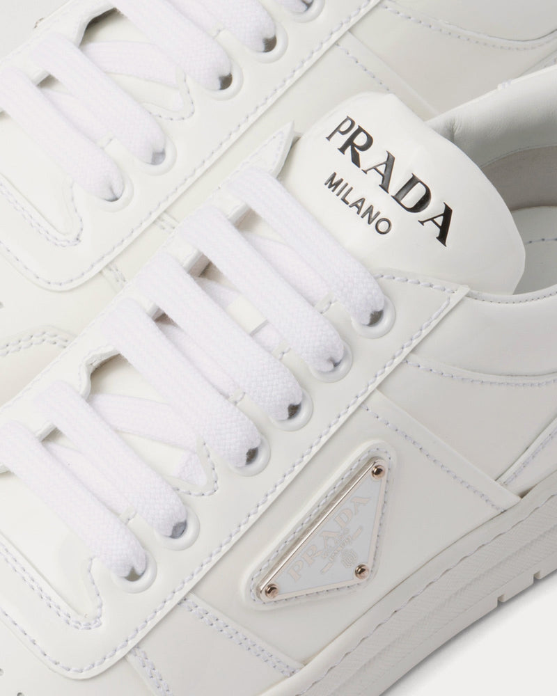 Prada Men's Downtown Patent Leather White Low Top Sneakers