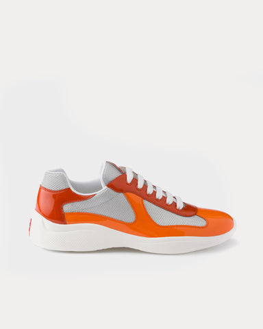Prada America's Cup Patent Leather & Technical Fabric Orange Low Top Sneakers