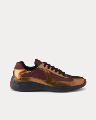 Prada America's Cup Metallic Leather & Bike Fabric Brass / Burgundy Low Top Sneakers