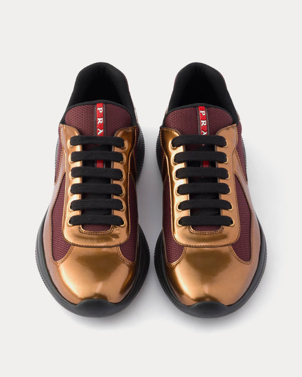 Prada America's Cup Metallic Leather & Bike Fabric Brass / Burgundy Low Top Sneakers - 2