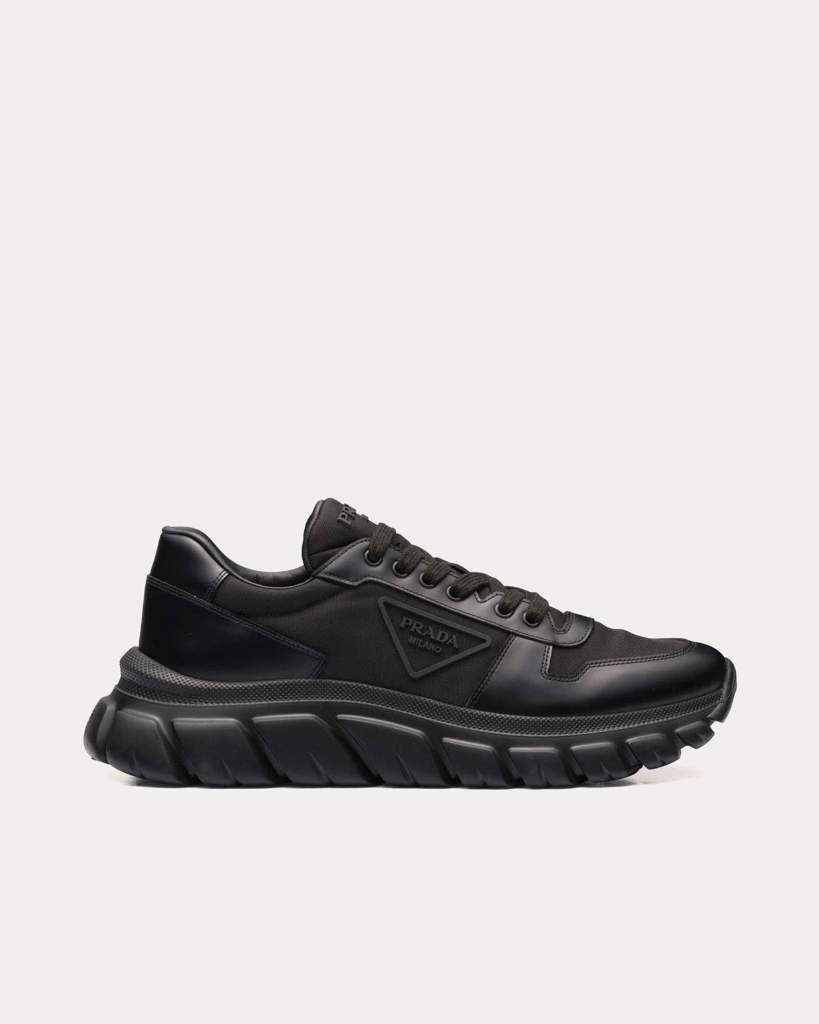 Prada Men's Re-Nylon Brushed Leather Black Low Top Sneakers