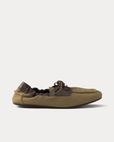 Prada Shuffle Aged Canvas & Leather Forest Green Boat Shoes