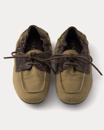 Prada Shuffle Aged Canvas & Leather Forest Green Boat Shoes - 2