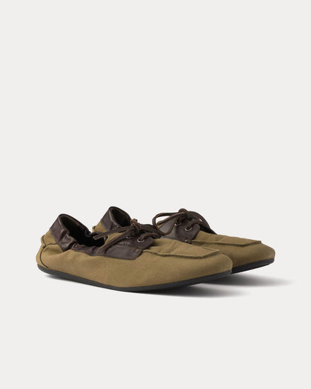 Prada Shuffle Aged Canvas & Leather Forest Green Boat Shoes - 3