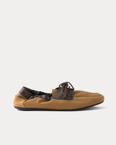 Prada Shuffle Aged Canvas & Leather Tobacco Boat Shoes