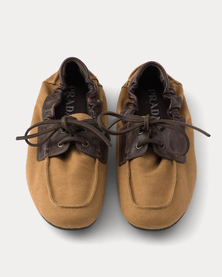 Prada Shuffle Aged Canvas & Leather Tobacco Boat Shoes - 2
