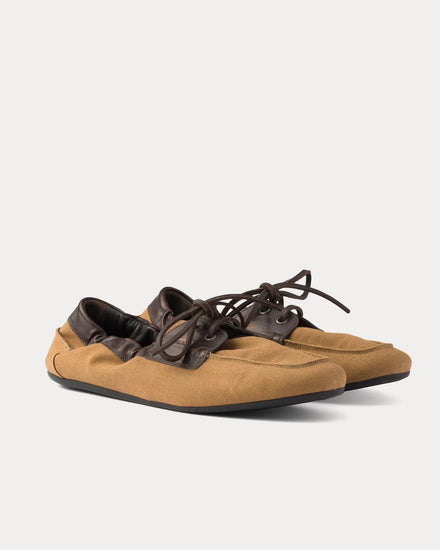 Prada Shuffle Aged Canvas & Leather Tobacco Boat Shoes - 3