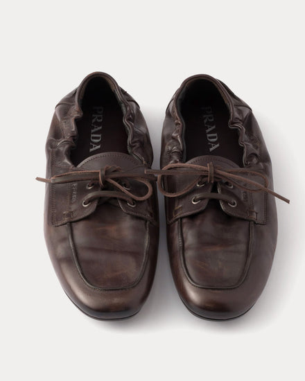 Prada Shuffle Antiqued Leather Laced Dark Brown Shoes - 2