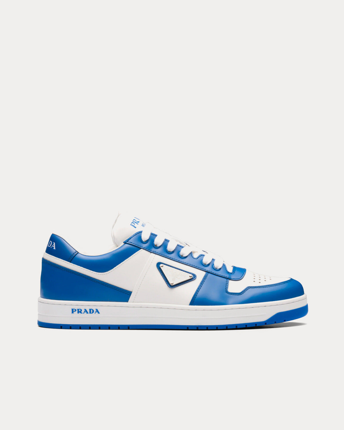 Prada Women's Downtown Leather White / Cobalt Blue Low Top Sneakers