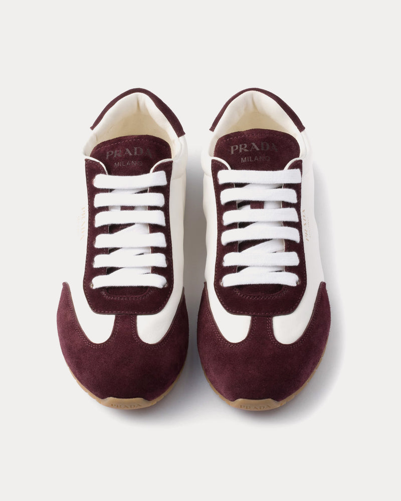 Prada Nappa Leather & Suede Ivory / Burgundy Low Top Sneakers - 2