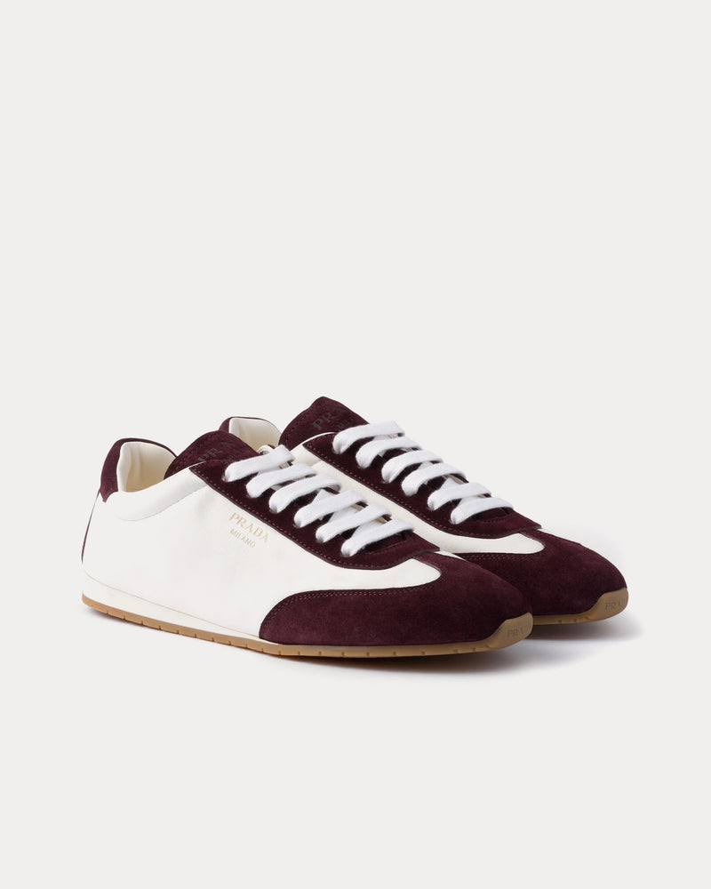Prada Nappa Leather & Suede Ivory / Burgundy Low Top Sneakers - 3