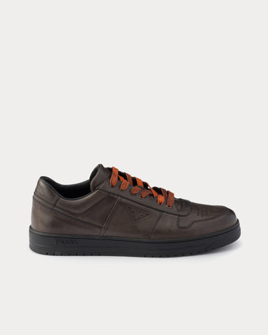 Prada Downtown Aged Leather Smoky Gray Low Top Sneakers