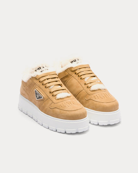 Prada Shearling Ecru Low Top Sneakers - 2