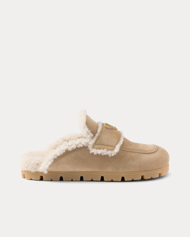 Prada Suede & Shearling Ecru Slippers