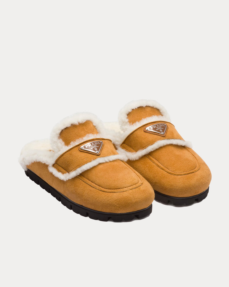 Prada Women's Shearling Cognac Slippers