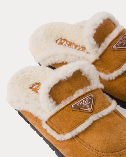 Prada Women's Shearling Cognac Slippers Prada Women's Shearling Cognac Slippers