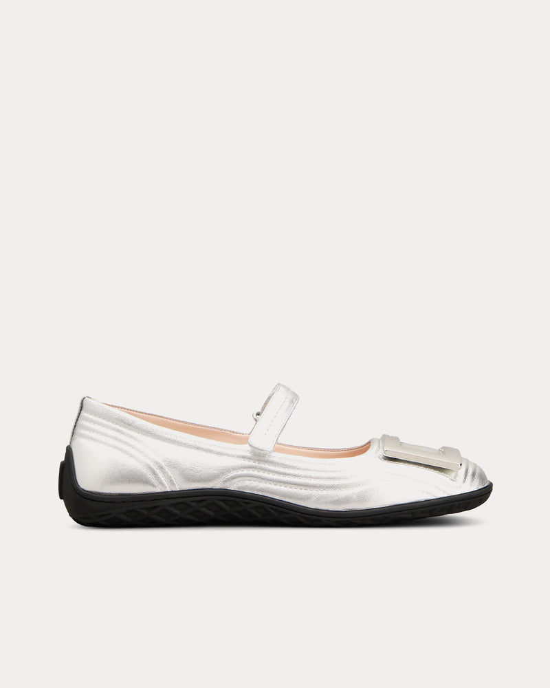 Roger Vivier Viv Low Mary Janes in Leather Silver Slip Ons - 1