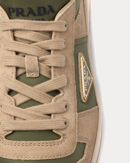 Prada Downtown Delavé Suede & Re-Nylon Ecru / Military Low Top Sneakers - 5