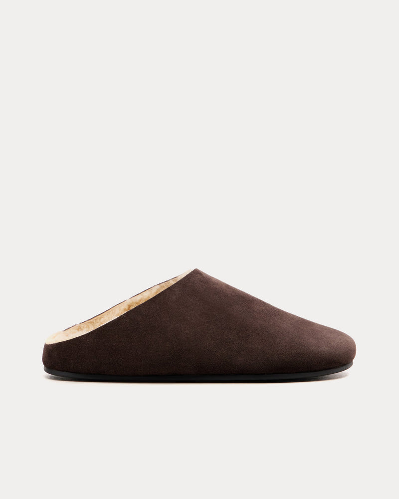 The Row Hudson Suede & Shearling Lacquer Brown Mules - 1