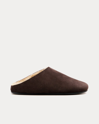 The Row Hudson Suede & Shearling Lacquer Brown Mules