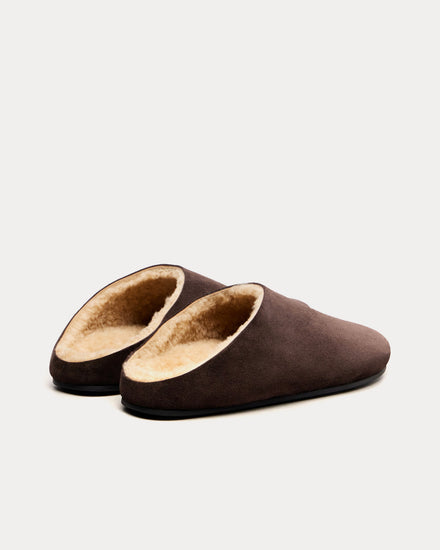 The Row Hudson Suede & Shearling Lacquer Brown Mules - 4