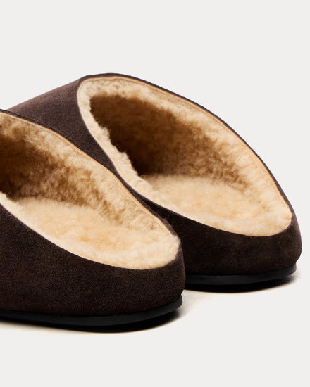 The Row Hudson Suede & Shearling Lacquer Brown Mules - 5