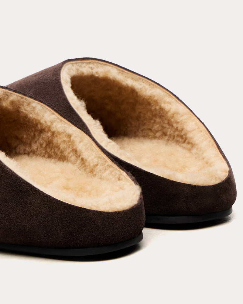 The Row Hudson Suede & Shearling Lacquer Brown Mules - 5