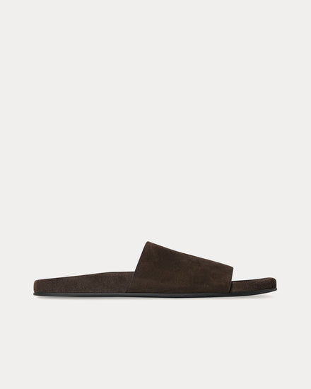The Row Hugh Suede Lacquer Brown Slides - 1