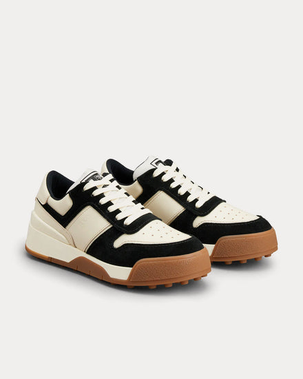 Tod's Logo Stamped Side Smooth Leather & Suede Off-White / Black / Brown Low Top Sneakers - 2