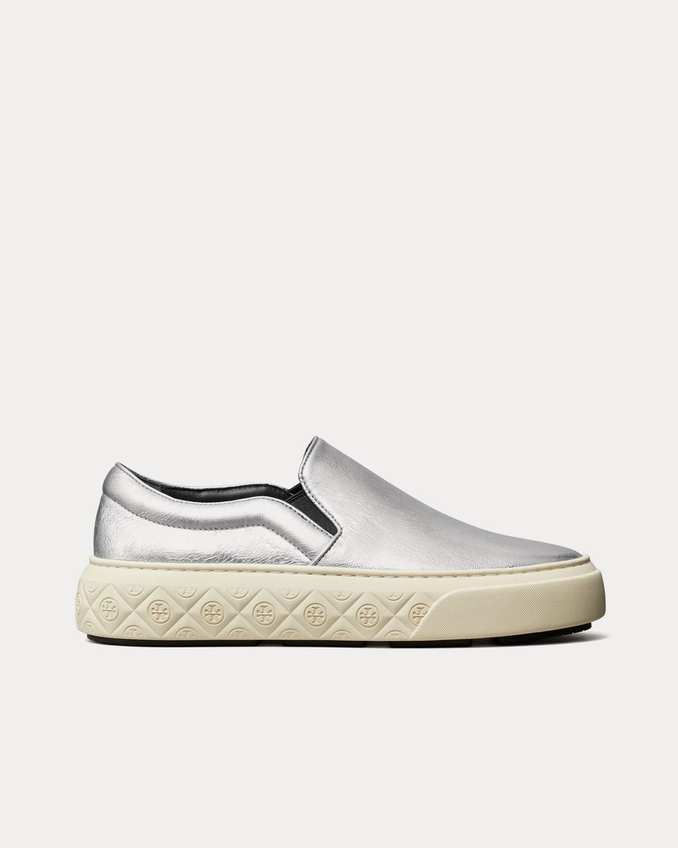 Tory Burch Ladybug Metallic Leather Silver Slip On Sneakers Sneak in Peace