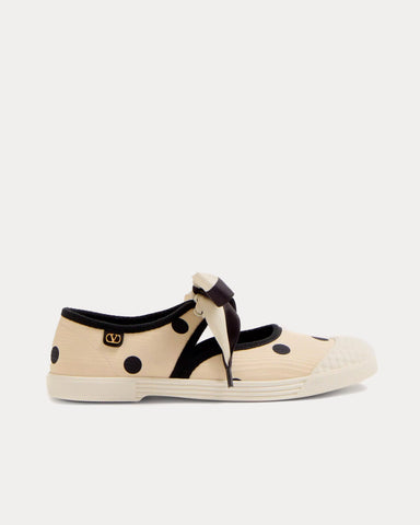 Valentino Bay By Bay Ballerina in Moiré De Pois Fabric Butter / Black Slip Ons