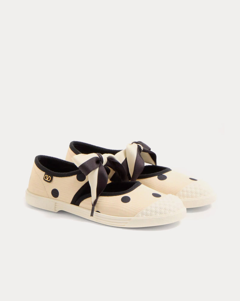Valentino Bay By Bay Ballerina in Moiré De Pois Fabric Butter / Black Slip Ons - 3