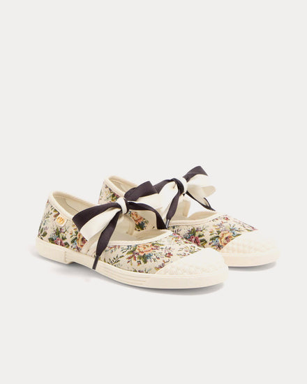 Valentino Bay By Bay Ballerina in Papier Floral Fabric Beige / Multi Slip Ons - 4