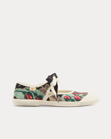 Valentino Bay By Bay Ballerina in Floral Jacquard Embroidery Black / Multi / Ivory Slip Ons