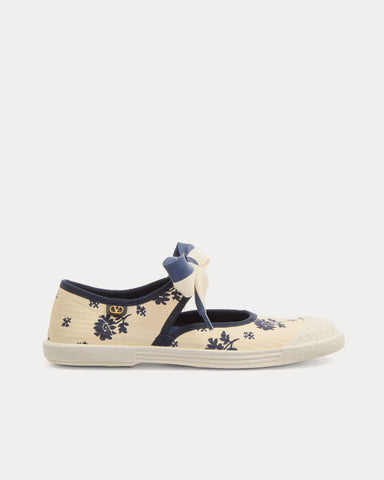 Valentino Bay By Bay Ballerina in Papier Floral Fabric Butter / Blue Slip Ons