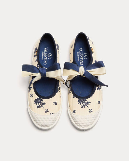 Valentino Bay By Bay Ballerina in Papier Floral Fabric Butter / Blue Slip Ons - 2