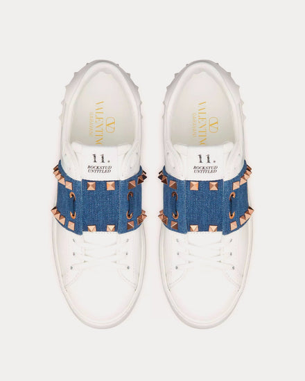 Valentino Rockstud Untitled Calfskin with Denim Band White / Denim Low Top Sneakers - 2